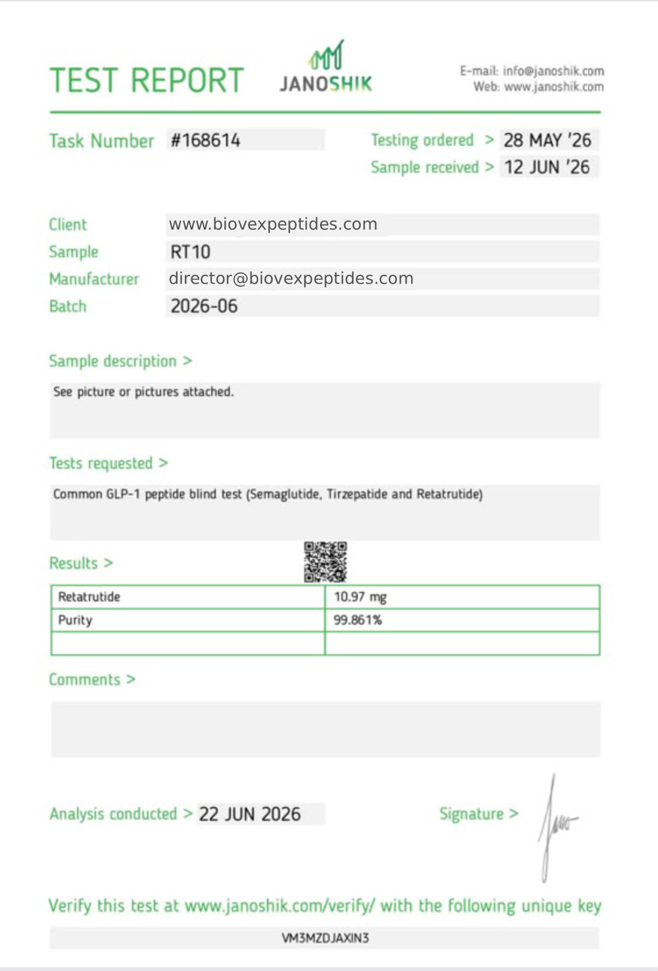 Janoshik certificate of analysis No. 168449 — purity 99.877%